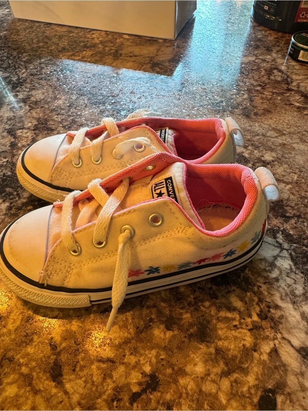 Converse Kids' White Canvas Sneakers with Pink Lining and Multicolor flowers